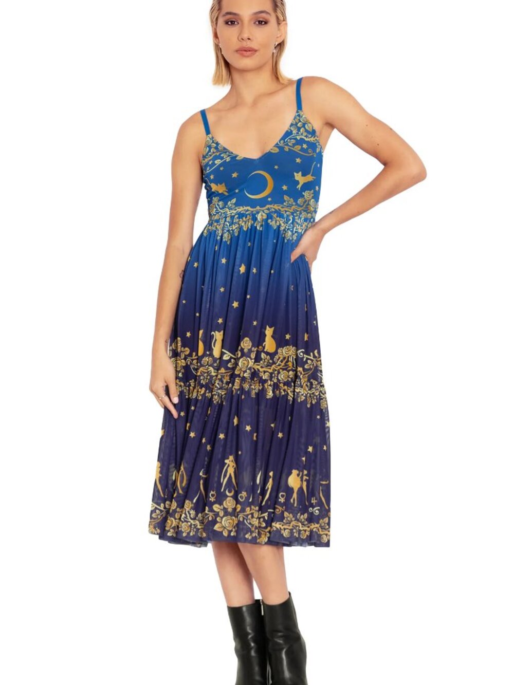 Blackmilk - Blue and Gold Sailor Guardians Stars Sheer Midaxi Dress - Size Large - Picture 5 of 9
